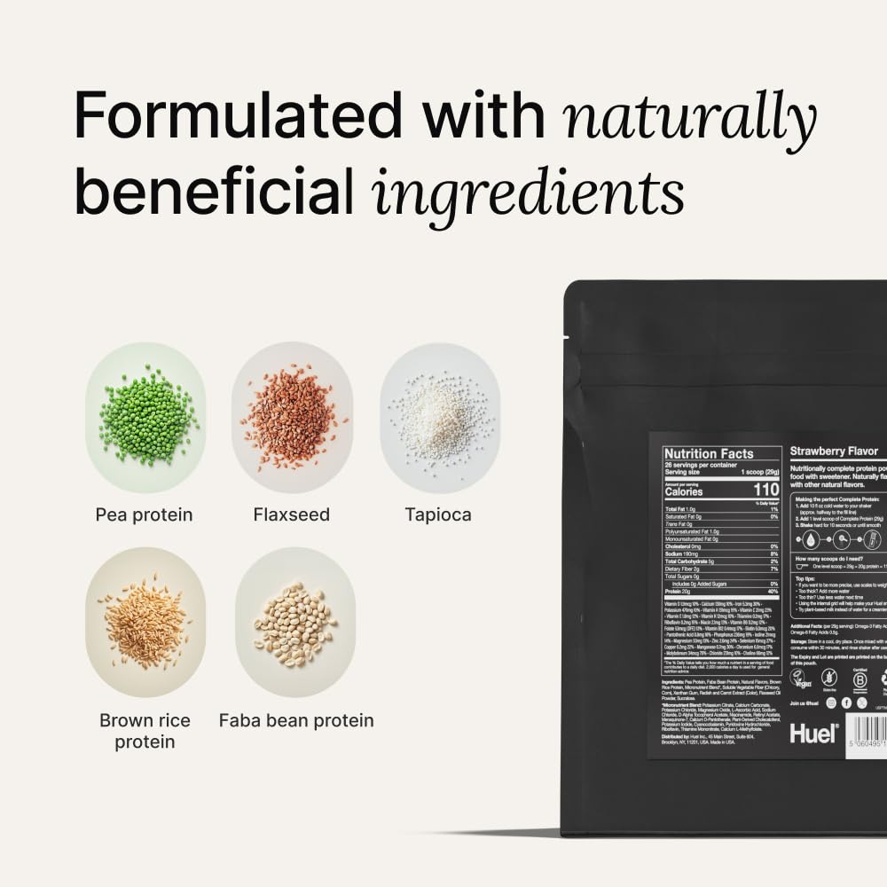 Huel ingredients highlight hemp, faba, and pea proteins.
