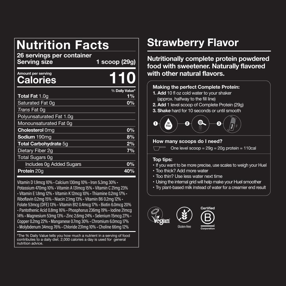 Pouring Huel strawberry protein into a blender for smoothies.