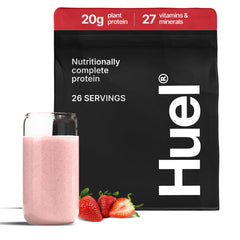 Huel vegan protein powder tub showing strawberry flavor and 20g protein per serving.