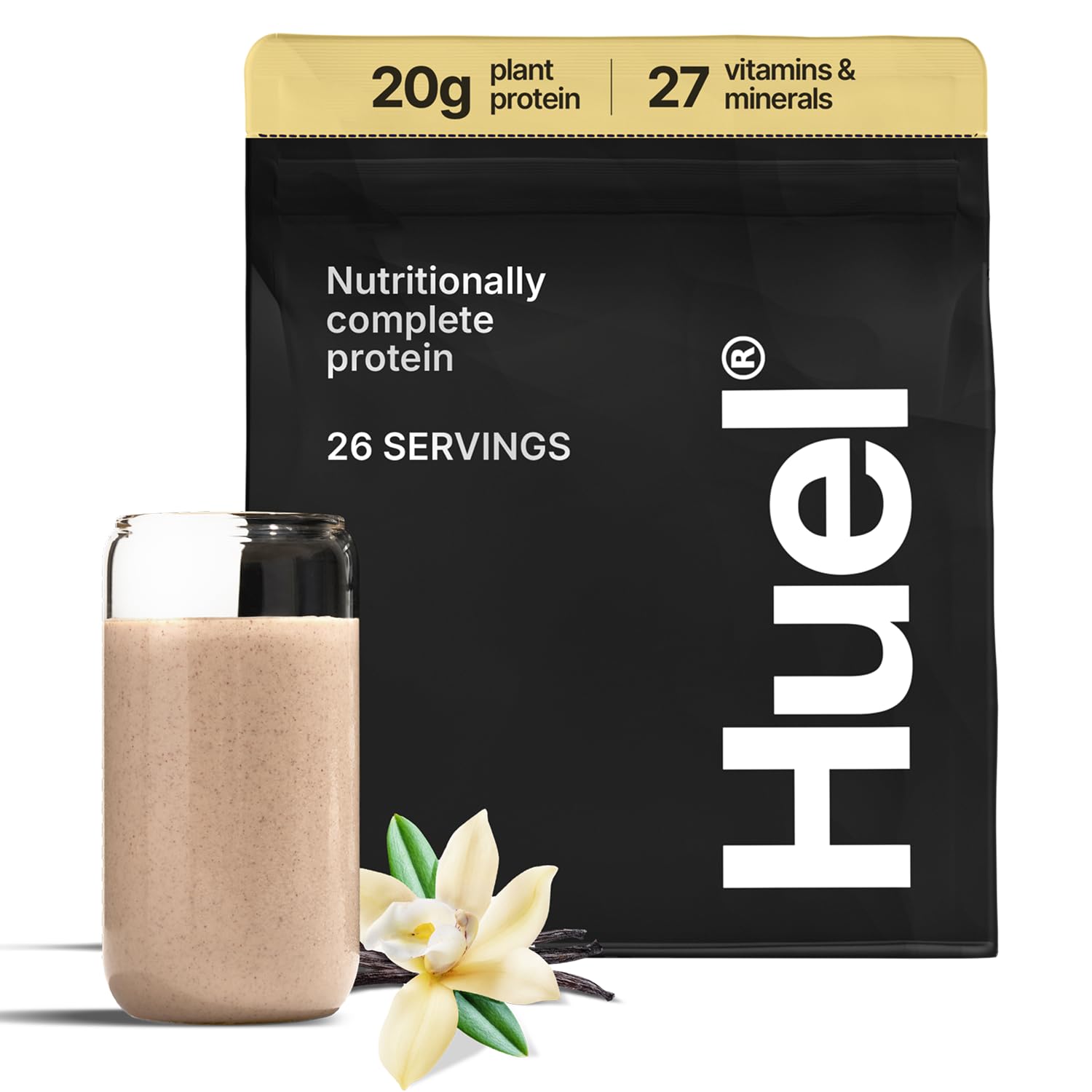 Huel Vanilla Complete Protein tub displayed for daily vegan nutrition