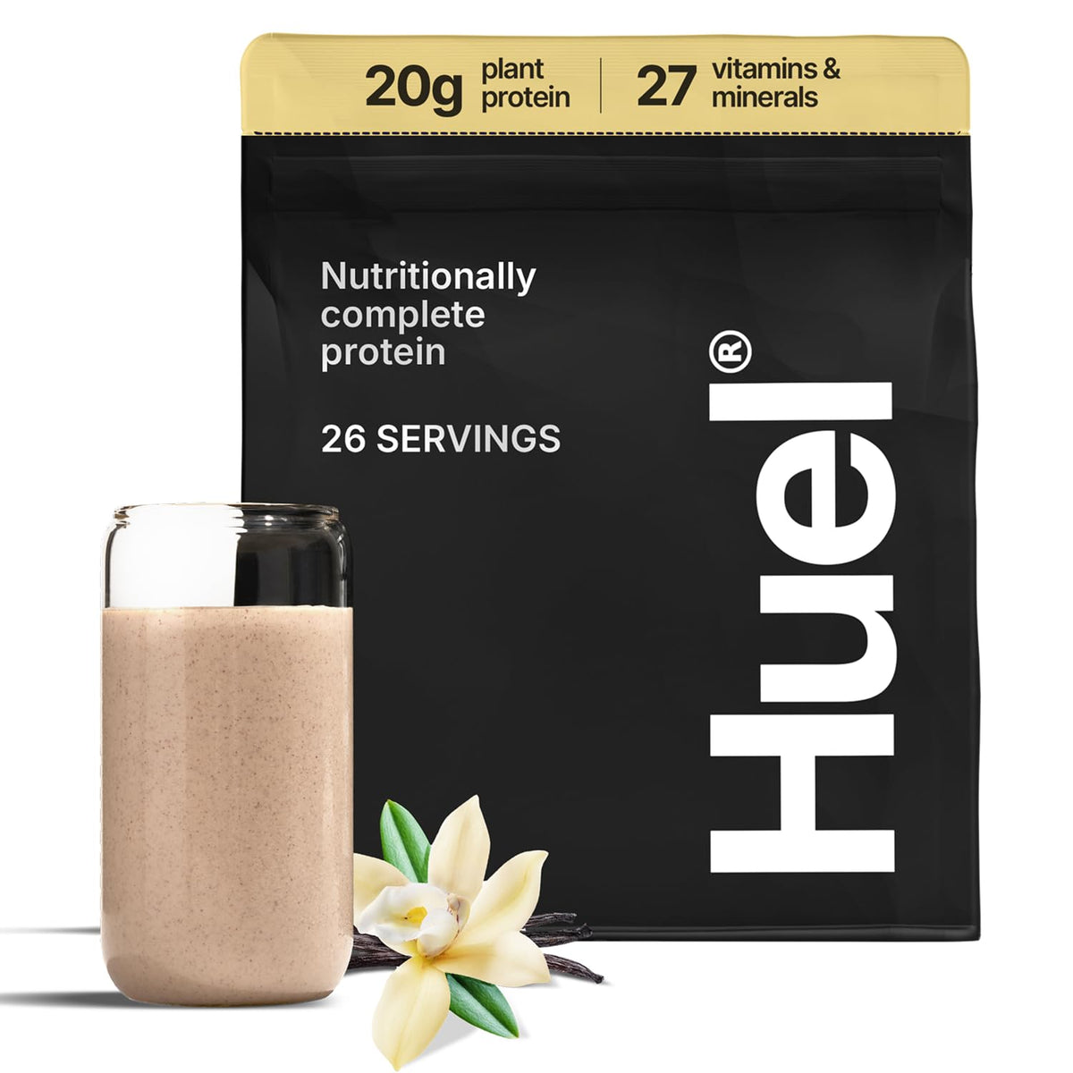 Huel Vanilla Complete Protein tub displayed for daily vegan nutrition