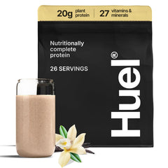 Huel Vanilla Complete Protein tub displayed for daily vegan nutrition