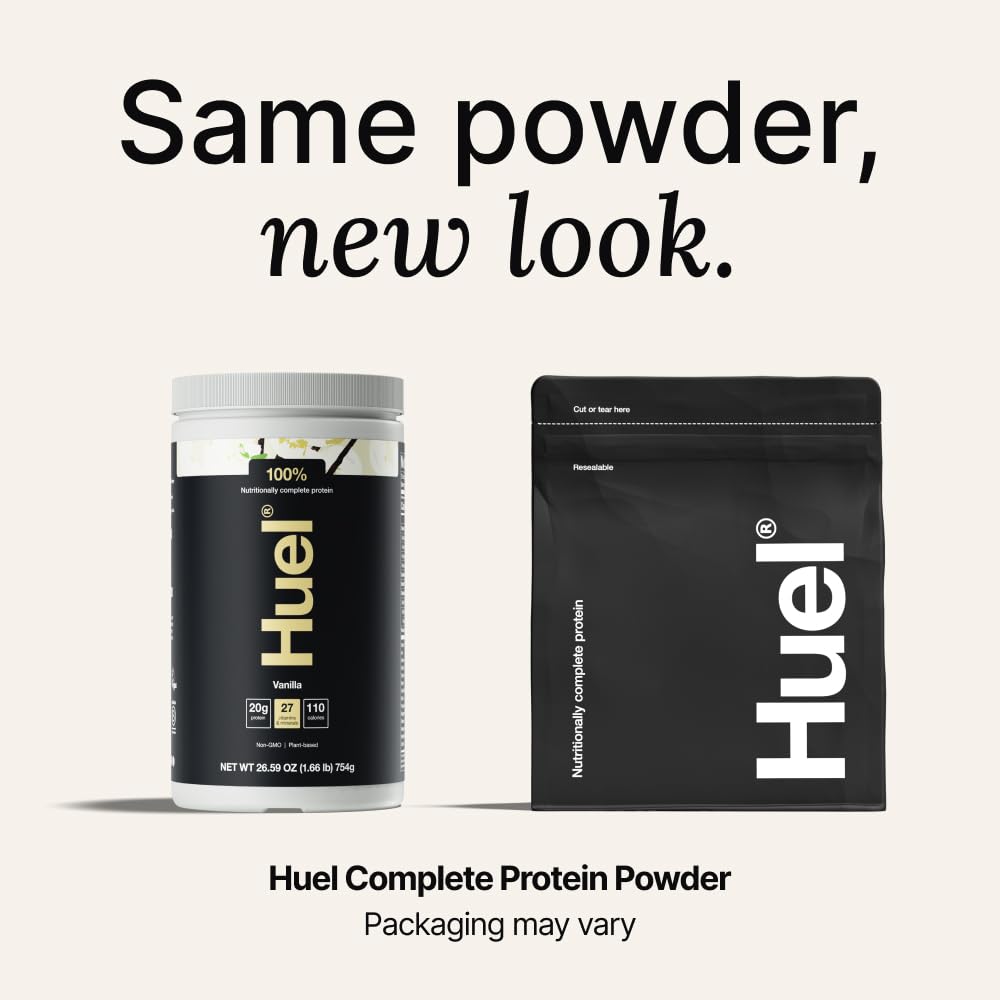 Huel Vanilla protein powder being poured into a shaker for quick shakes