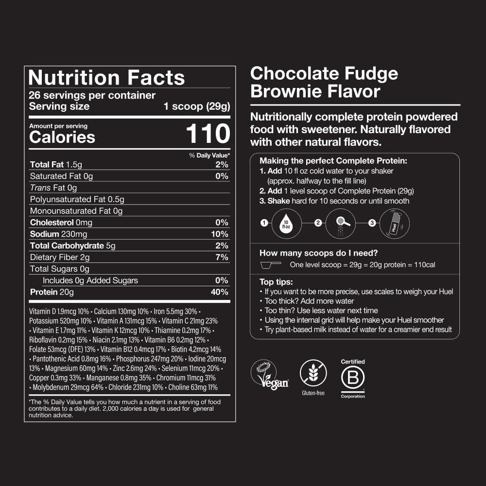 Huel ingredients label highlights hemp, faba, and pea protein.