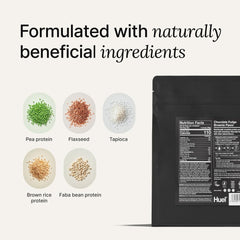 Close-up nutrition label on Huel packaging.