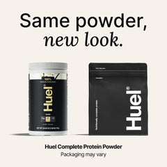 Huel vegan protein powder being poured into a shaker for quick mixability.