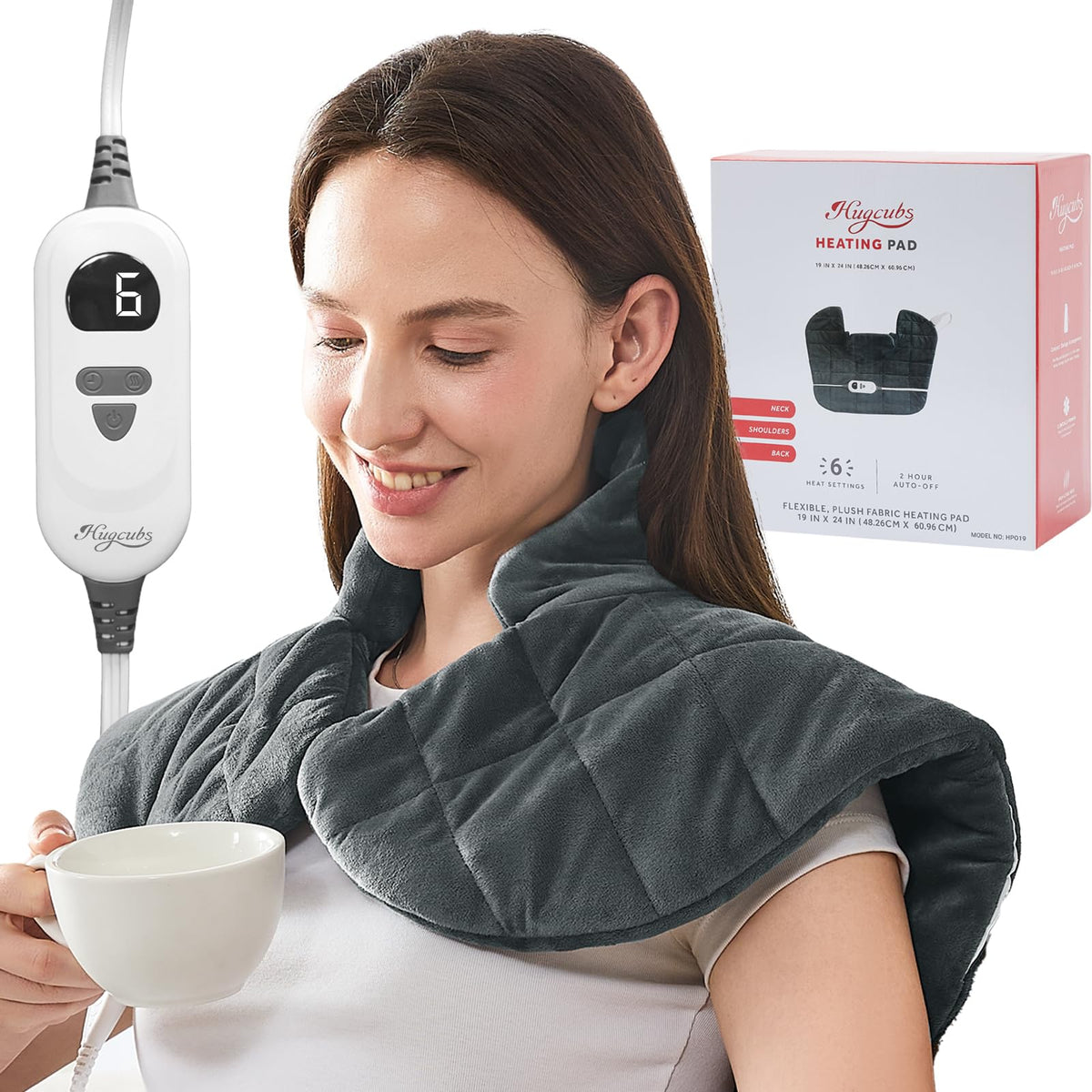 Hugcubs neck weighted heating pad XL, close-up on cozy support for neck and shoulders.