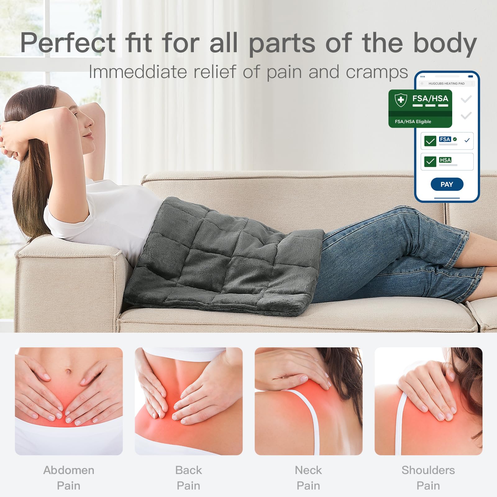 Hugcubs weighted heating pad XL 17x33 detachable controller enables precise heat control.