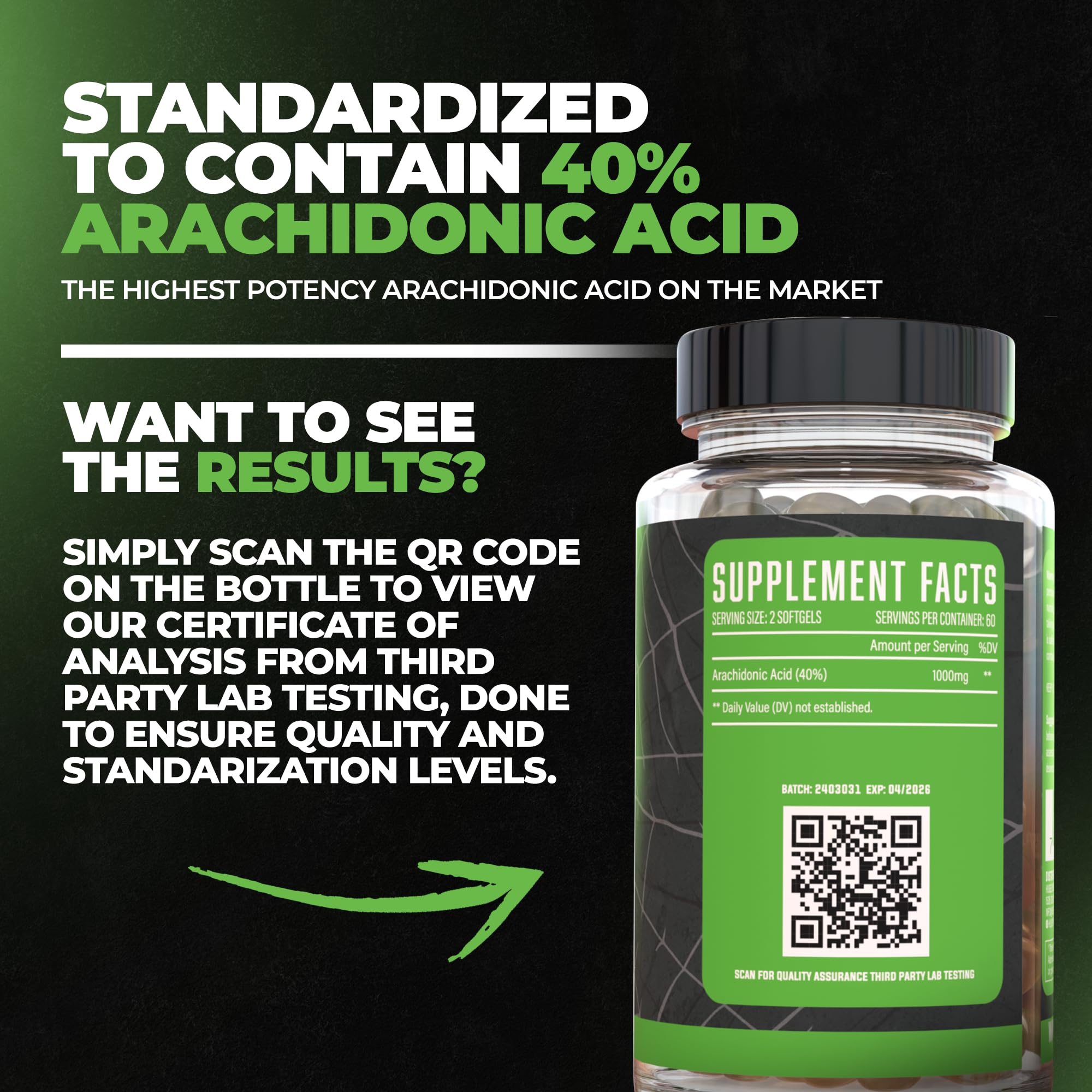 Huge Supplements Arachidone label detail shows clinically dosed arachidonic acid.