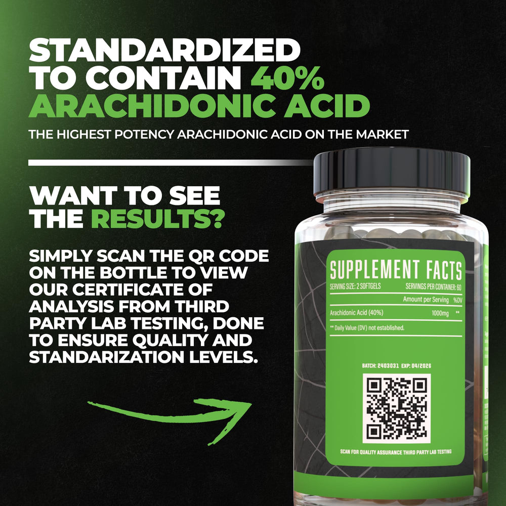 Huge Supplements Arachidone label detail shows clinically dosed arachidonic acid.