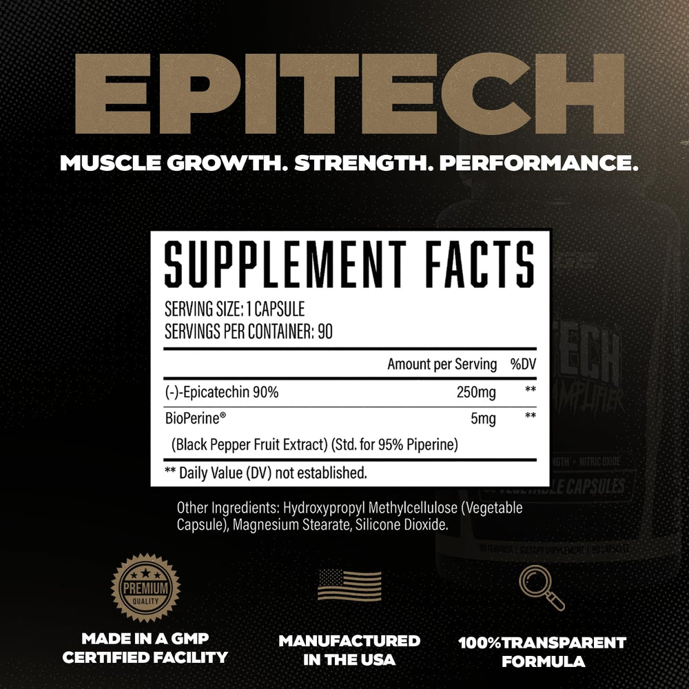 Huge Supplements Epitech Epicatechin label close-up showcases 90% purity and BioPerine for absorption.