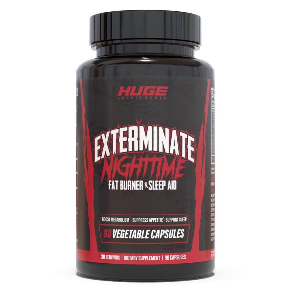 Huge Supplements Exterminate Night Time bottle front showing overnight metabolism support