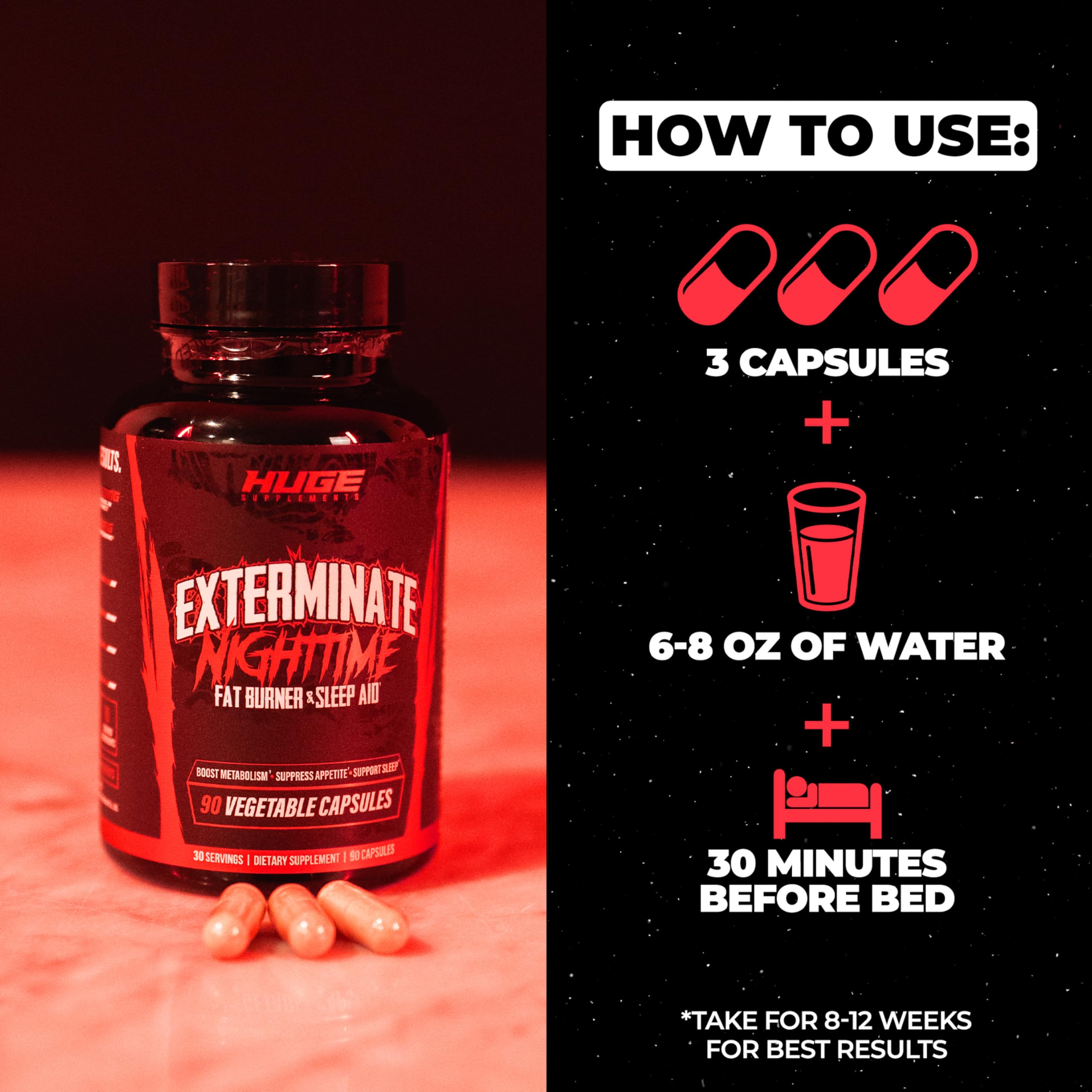 Huge Supplements Exterminate Night Time thermogenesis illustration hints at calorie burn
