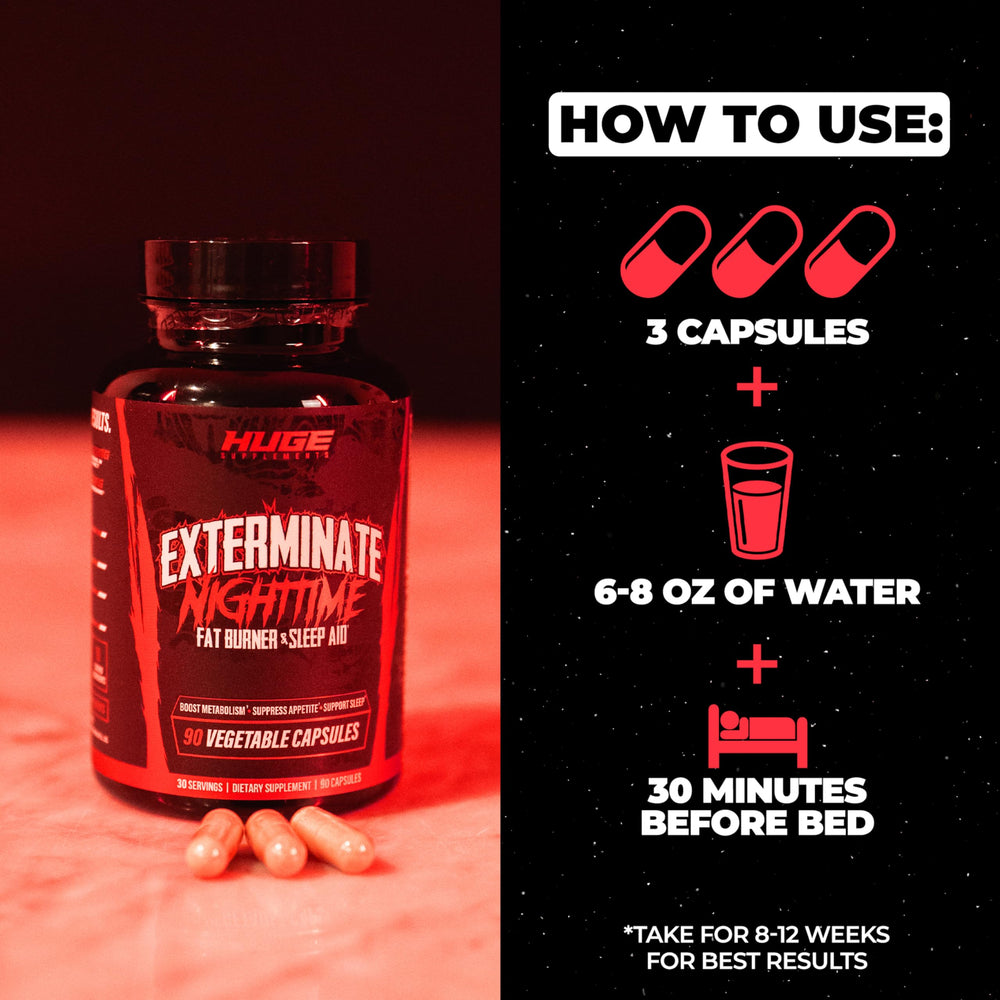 Huge Supplements Exterminate Night Time thermogenesis illustration hints at calorie burn