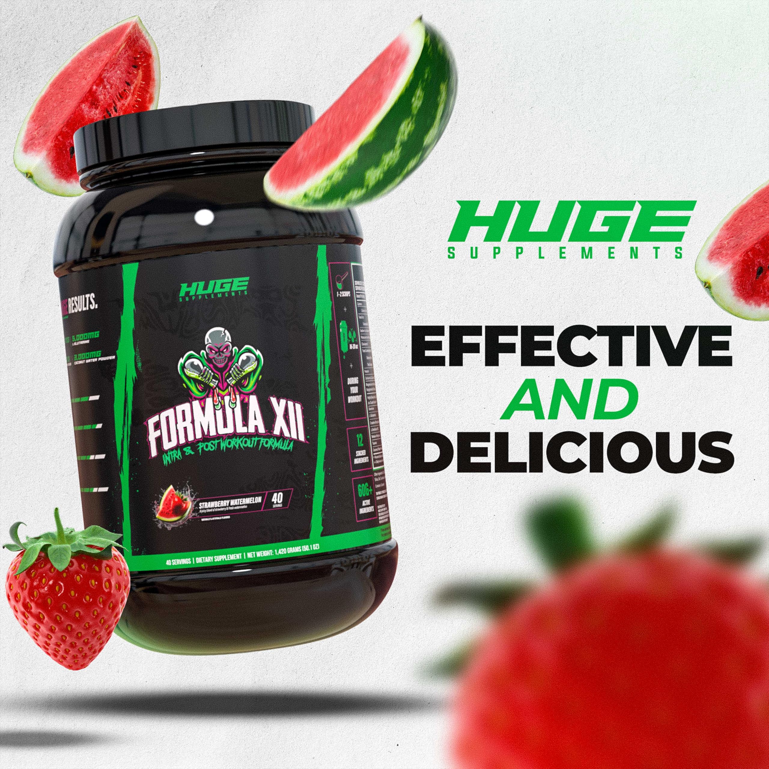 Huge Supplements Formula XII flavor close-up emphasizes strawberry watermelon taste during training.