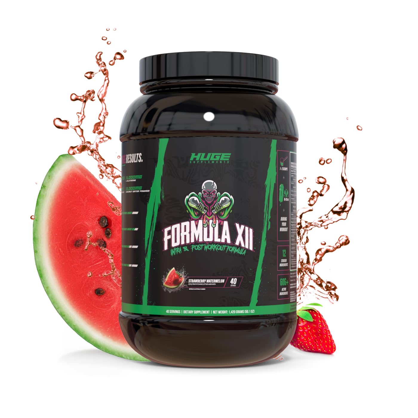 Huge Supplements Formula XII tub with strawberry watermelon powder for sustained energy during workouts.