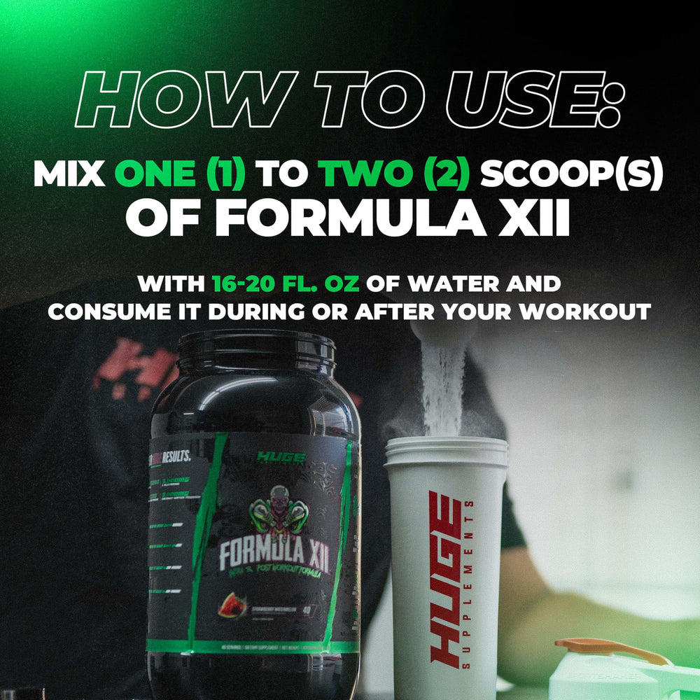 Huge Supplements Formula XII hydration scene suggests reduced cramping during intense workouts.
