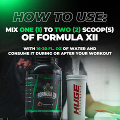 Huge Supplements Formula XII hydration scene suggests reduced cramping during intense workouts.