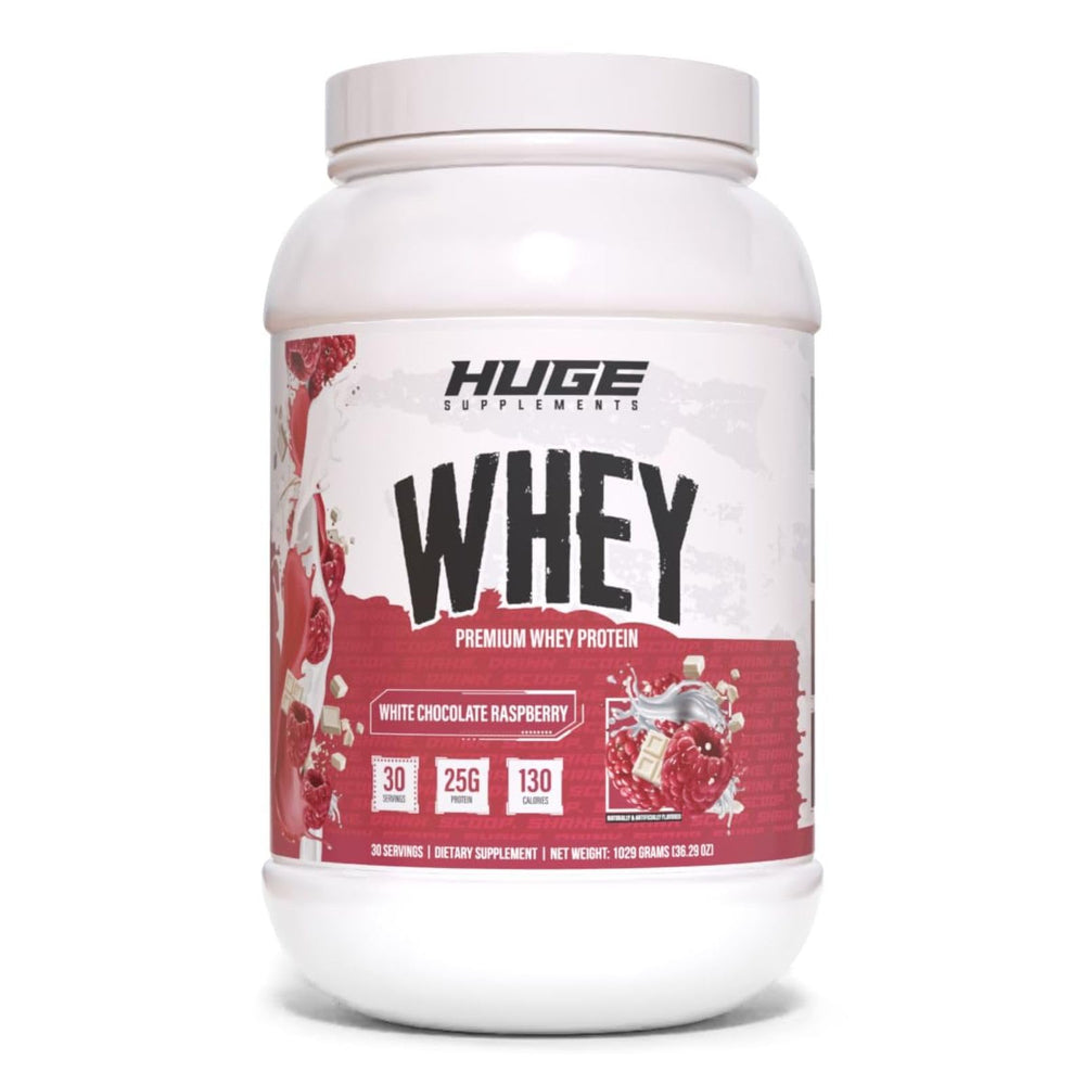 Huge Whey bottle pour shows convenient protein delivery for muscle support