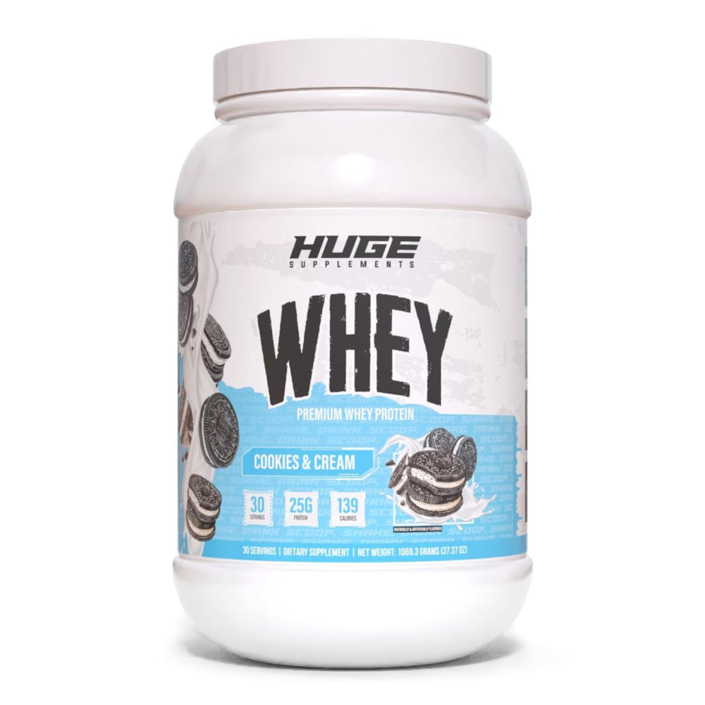 Huge Whey canister front view signaling muscle-building protein support