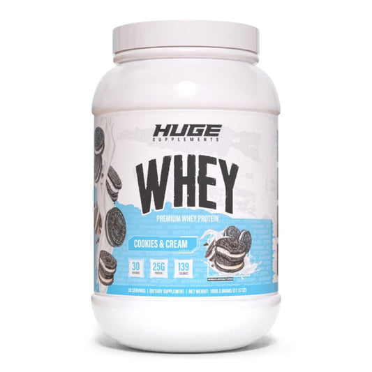 Huge Whey canister front view signaling muscle-building protein support