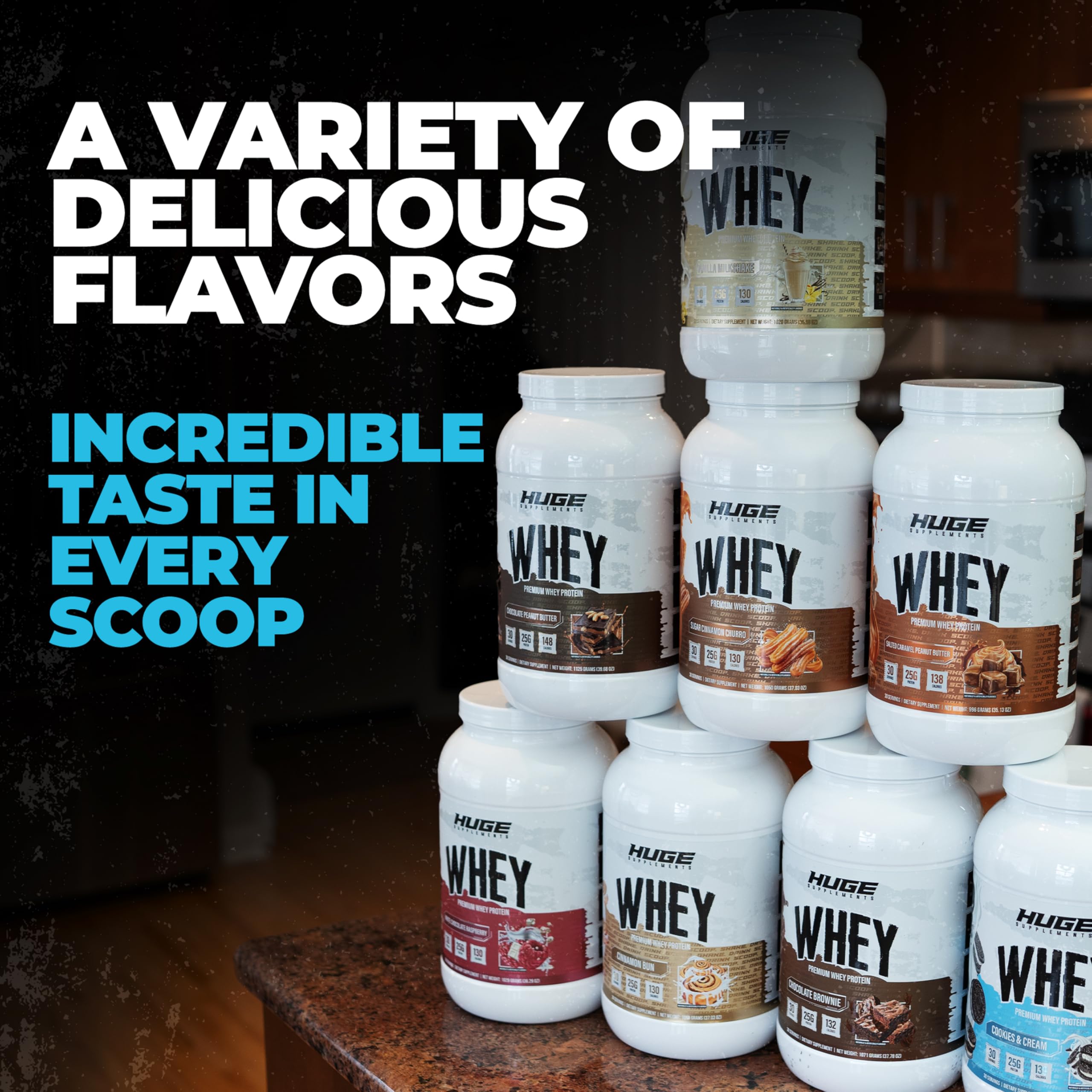 Huge Whey cookie cream flavor container signals indulgent taste with protein
