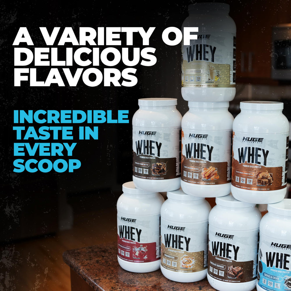 Huge Whey cookie cream flavor container signals indulgent taste with protein