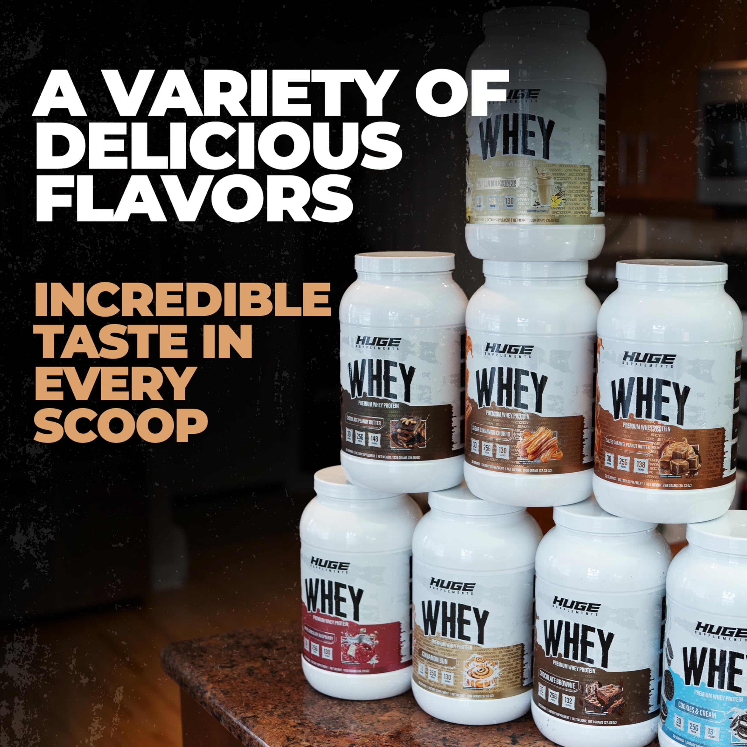 Huge Whey flavor variety display for diverse taste preferences