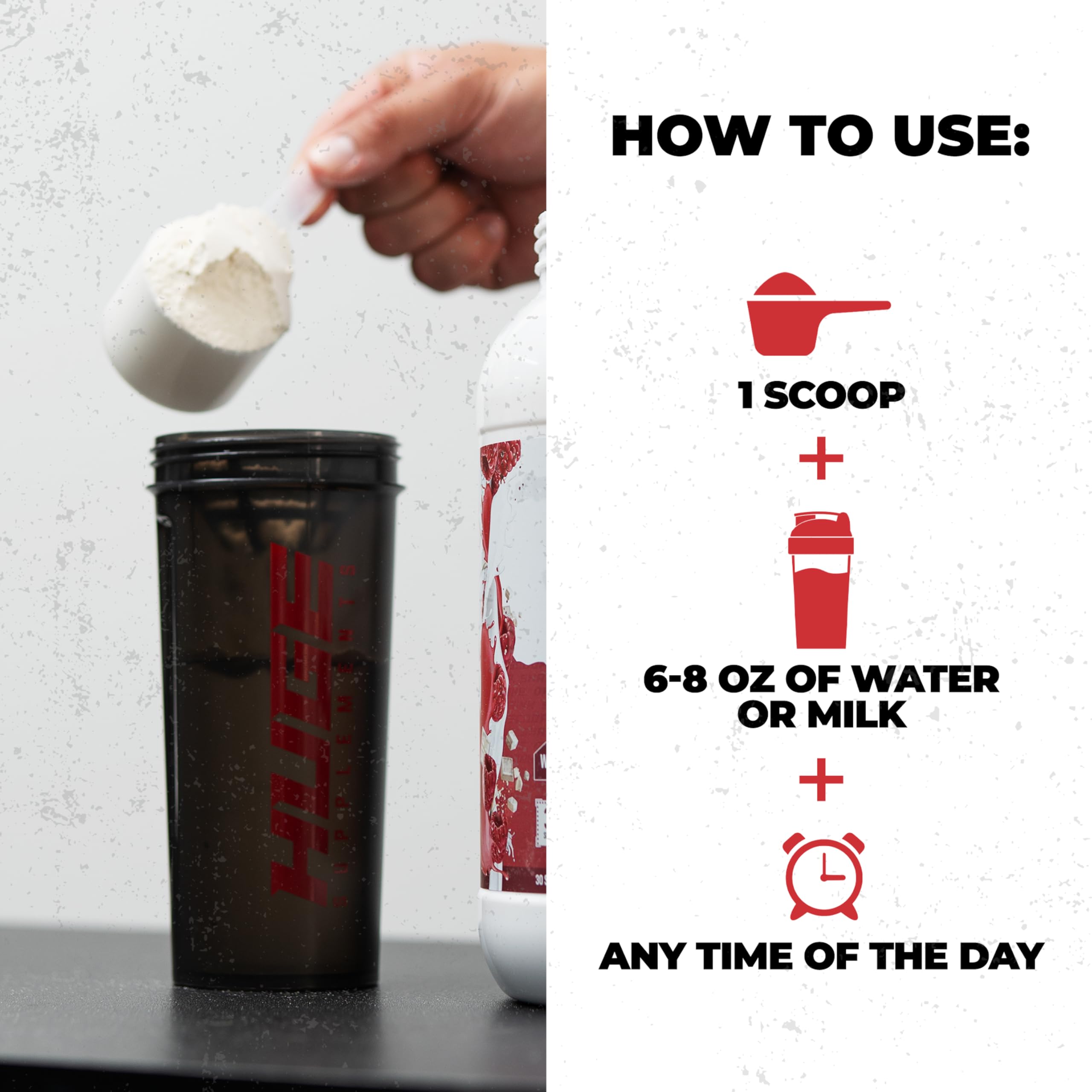 Huge Whey glass with shake shows delicious flavor and fast recovery potential