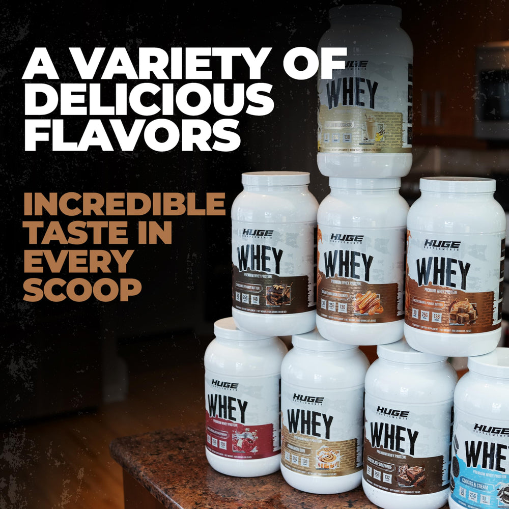 Huge Supplements Huge Whey nutrition panel shows EAAs for recovery focus.