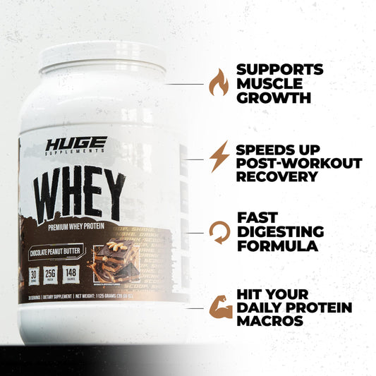 Huge Supplements Huge Whey scoop with powder ready for shake.