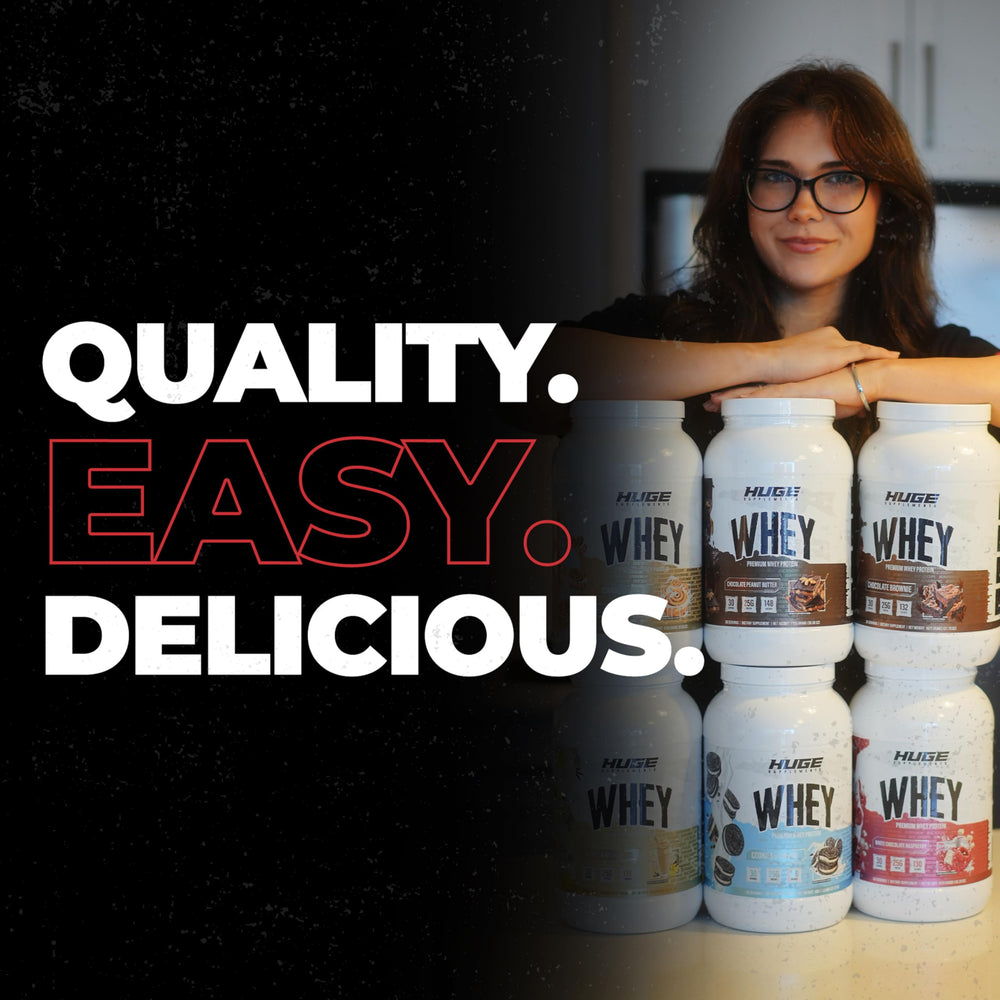 Huge Whey scoop close-up emphasizes precise serving for consistent intake