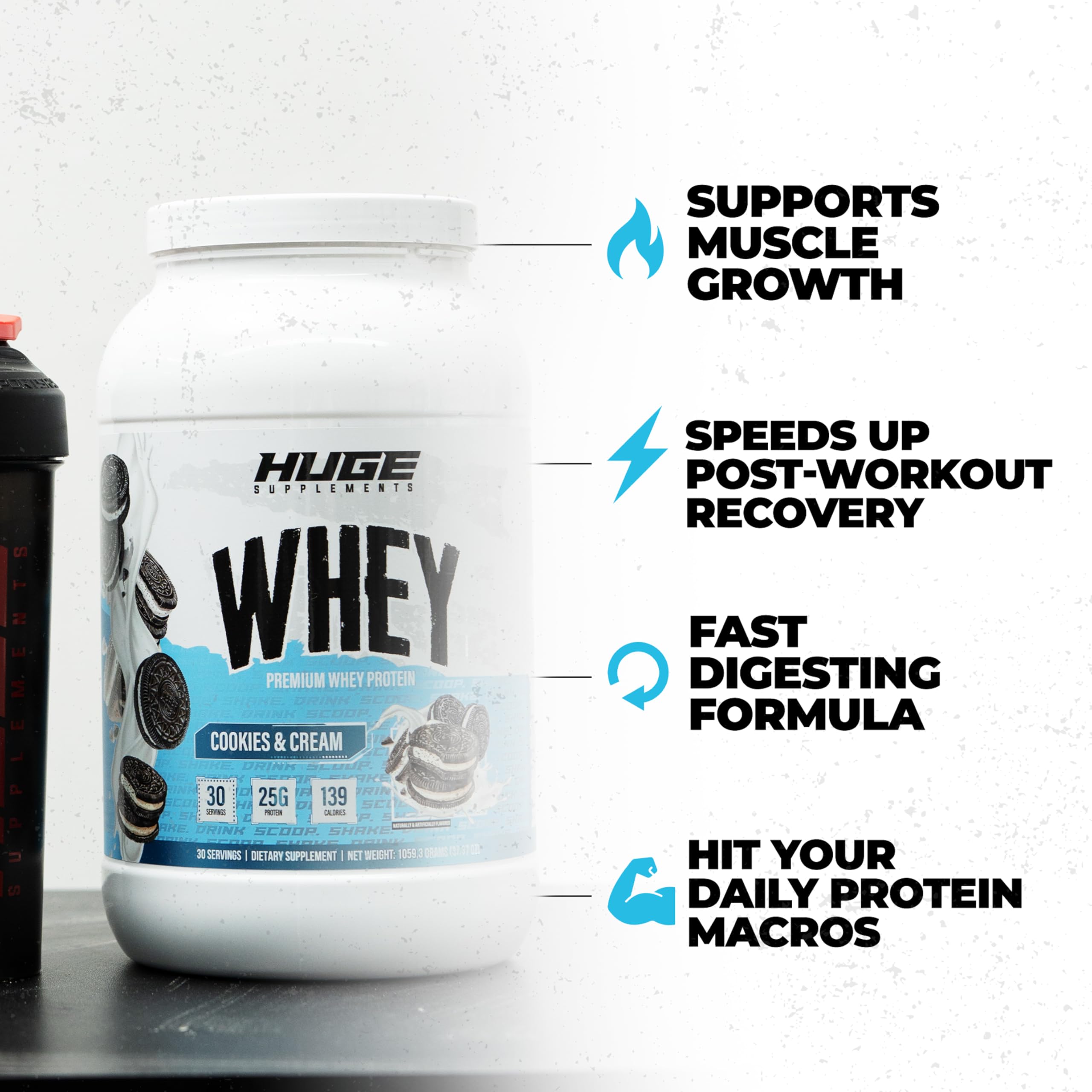 Huge Whey shake glass scene highlights easy mixability for post-workout fueling