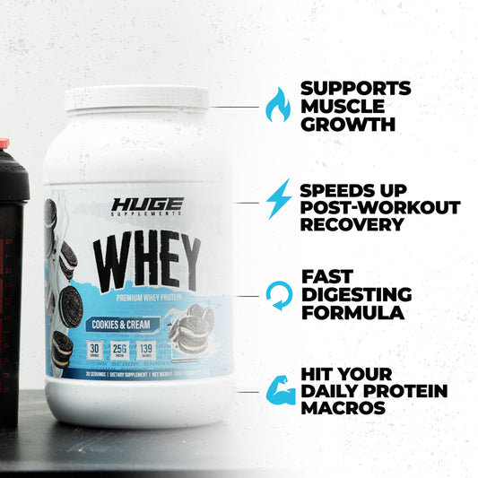 Huge Whey shake glass scene highlights easy mixability for post-workout fueling