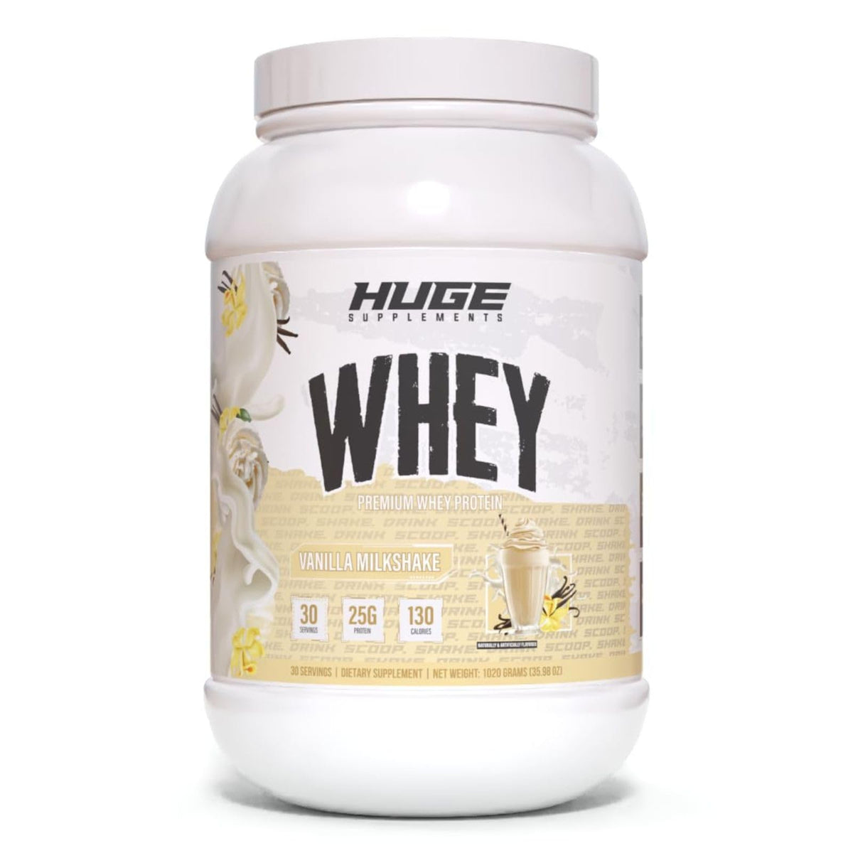 Huge Whey Vanilla Milkshake bottle showing protein for muscle growth and recovery
