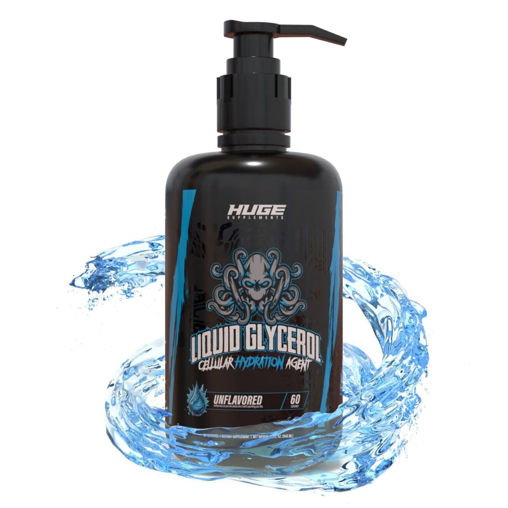Huge Supplements Liquid Glycerol with pump-top dispenser for mess-free, precise dosing during workouts.