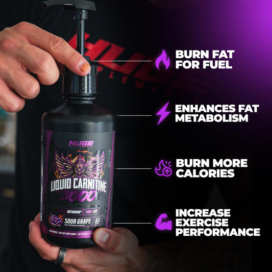 Huge Supplements Liquid L-Carnitine 3000 bottle front shows premium packaging.