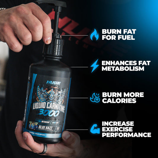 Huge Supplements Liquid L-Carnitine 3000 bottle pour showing convenient serving on the go
