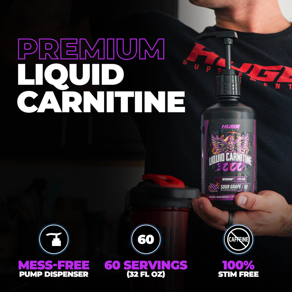 Huge Supplements Liquid L-Carnitine 3000 label closeup highlights MitoBurn and GBB ingredients.