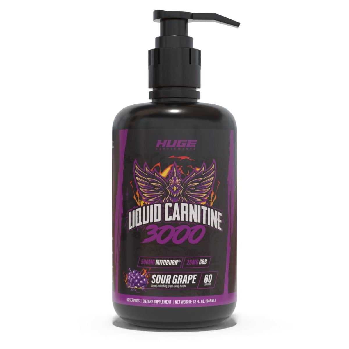 Huge Supplements Liquid L-Carnitine 3000 with pump-top for mess-free daily dosing.
