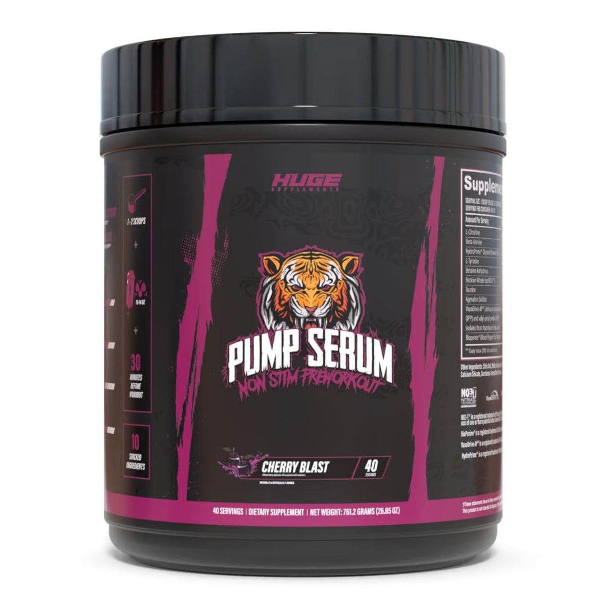 Huge Supplements Pump Serum bottle pour highlighting caffeine-free workout boost