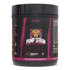 Huge Supplements Pump Serum bottle pour highlighting caffeine-free workout boost