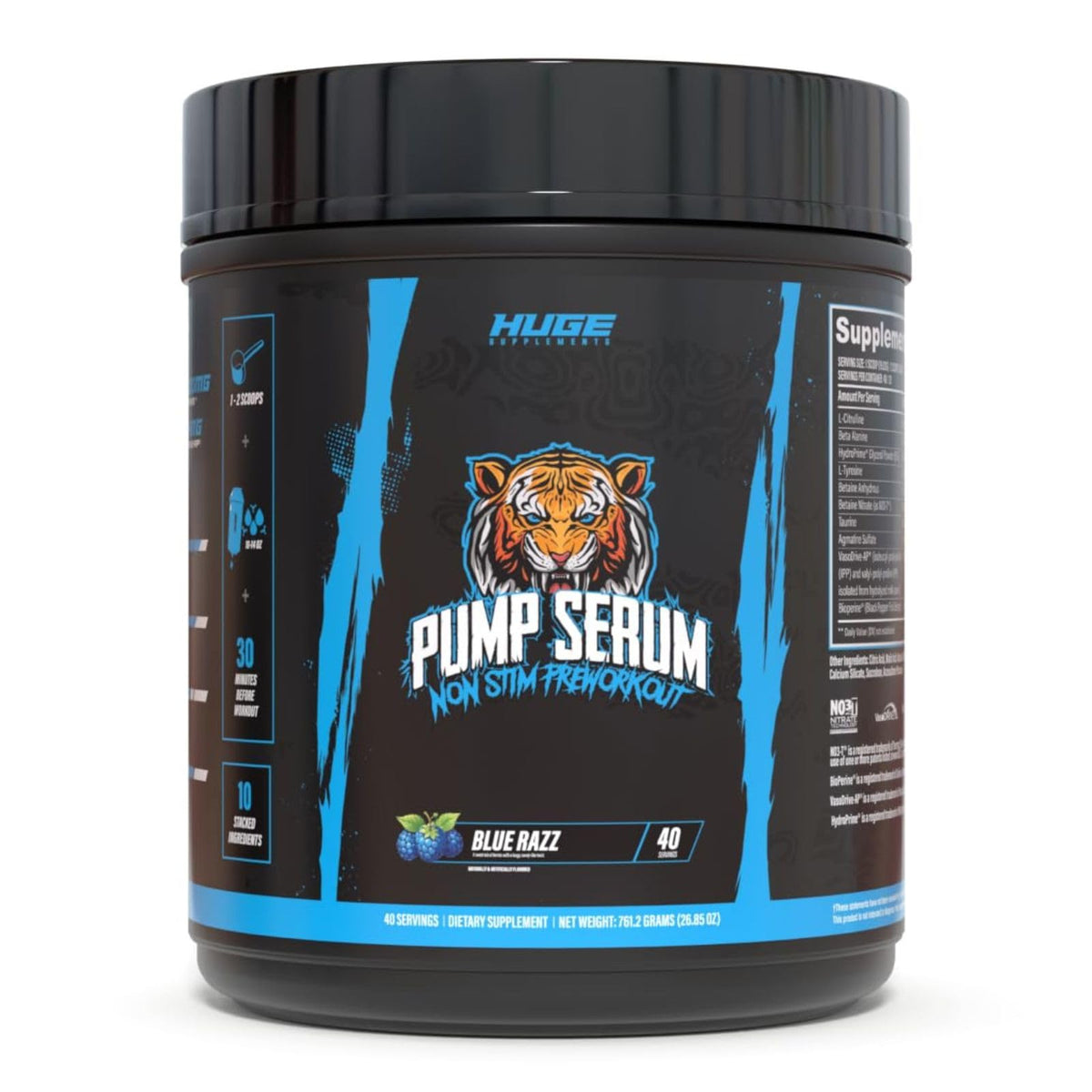 Huge Supplements Pump Serum bottle demonstrates caffeine-free non-stim pumps for workouts.
