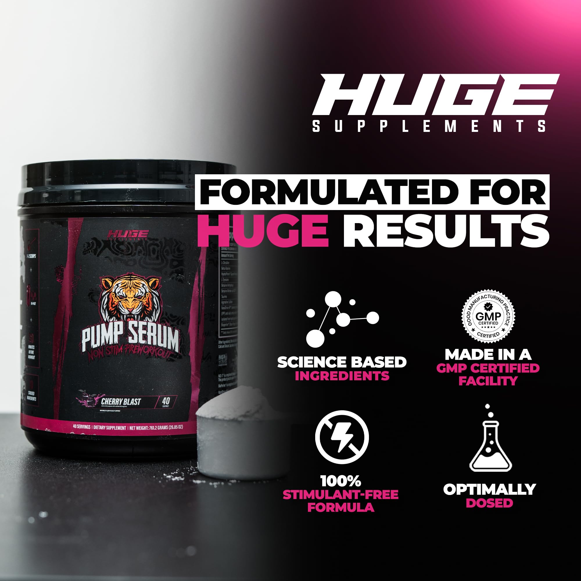 Huge Supplements Pump Serum ingredients graphic featuring L-Citrulline and NO boosters