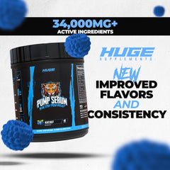 Huge Supplements Pump Serum label closeup reveals core ingredients and benefits.