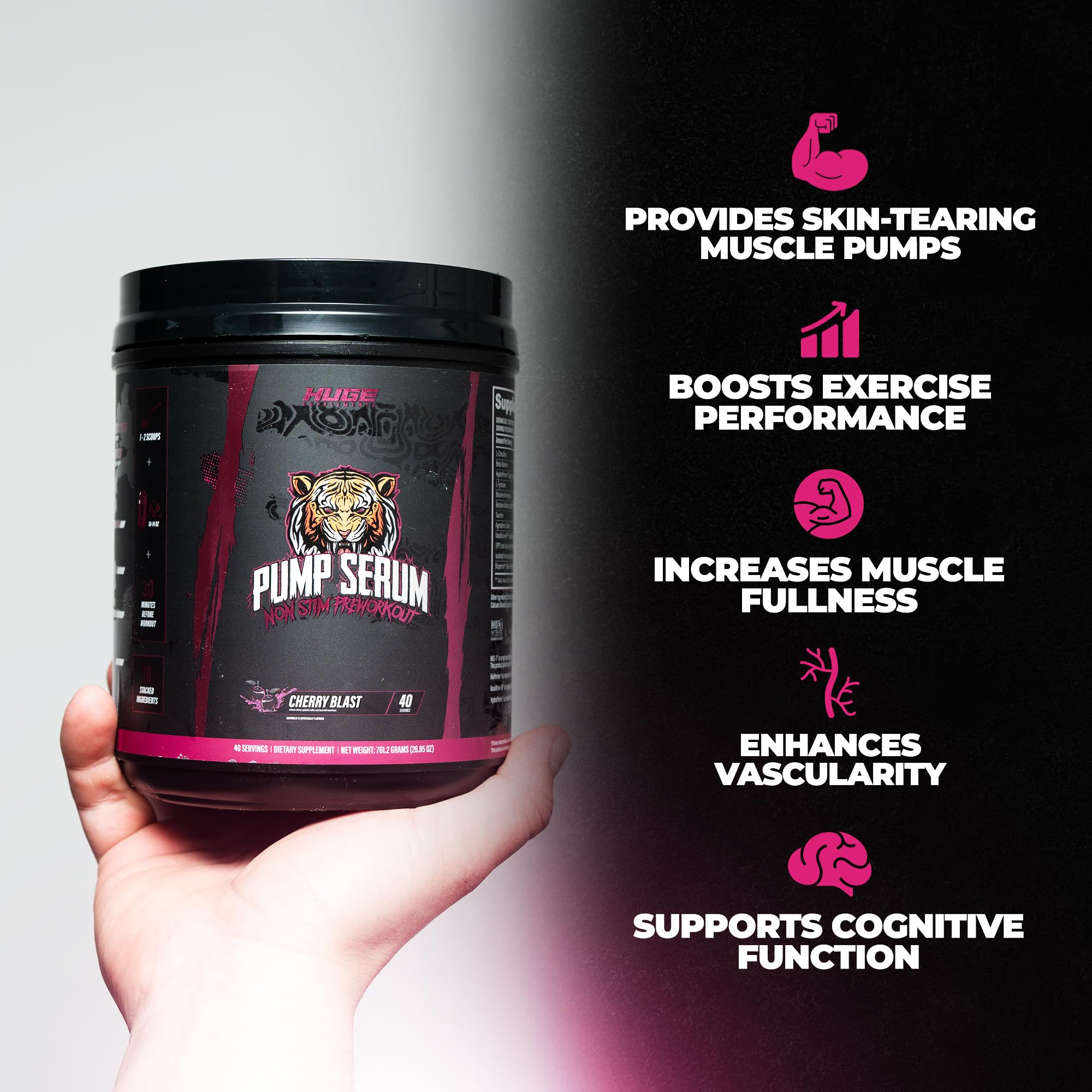 Huge Supplements Pump Serum tub-front showcasing full ingredient lineup for vascular pumps