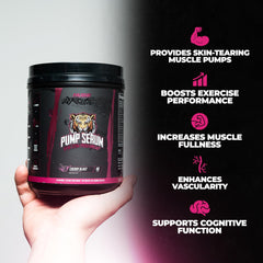 Huge Supplements Pump Serum tub-front showcasing full ingredient lineup for vascular pumps
