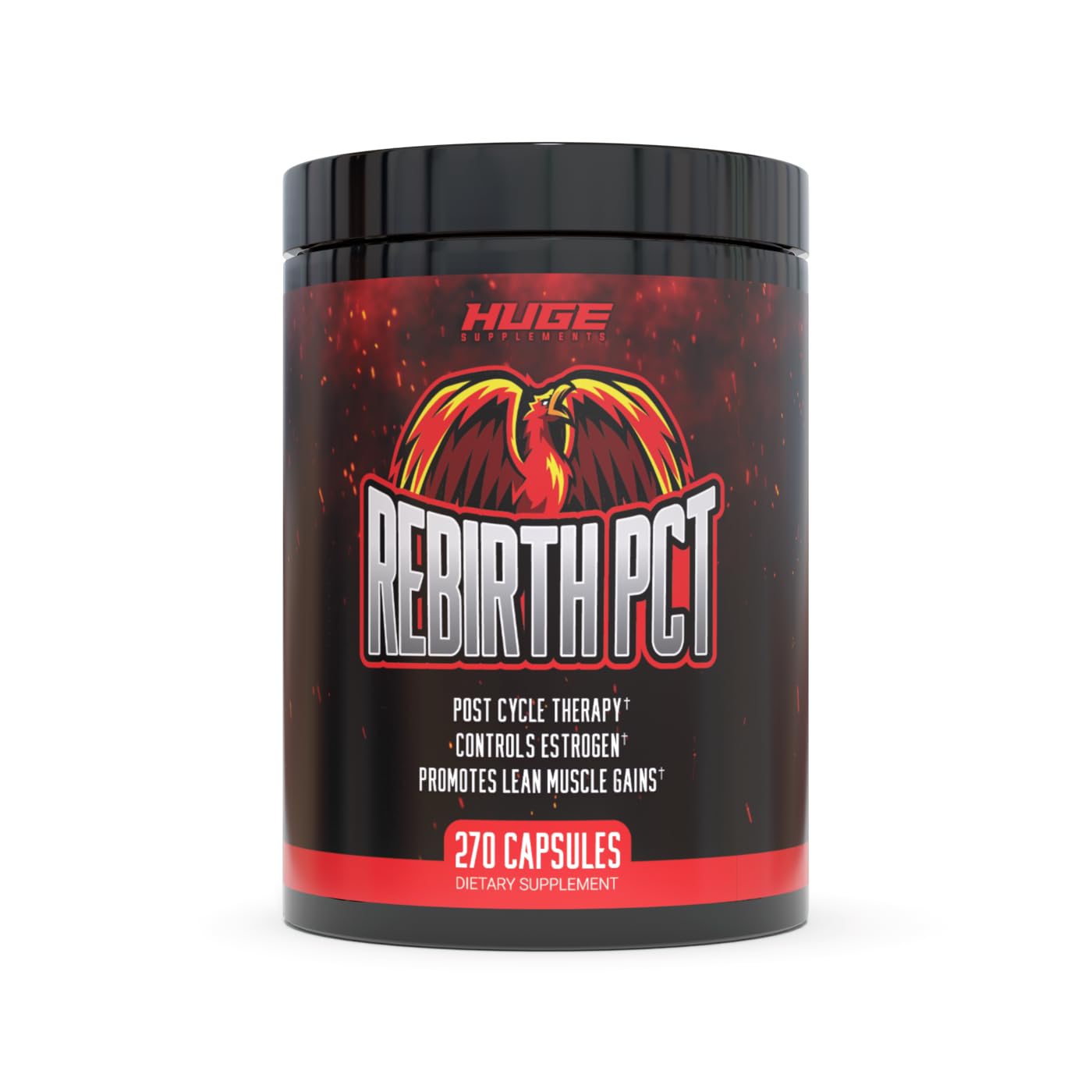 Huge Supplements Rebirth PCT bottle closeup showcases complete post-cycle support options.