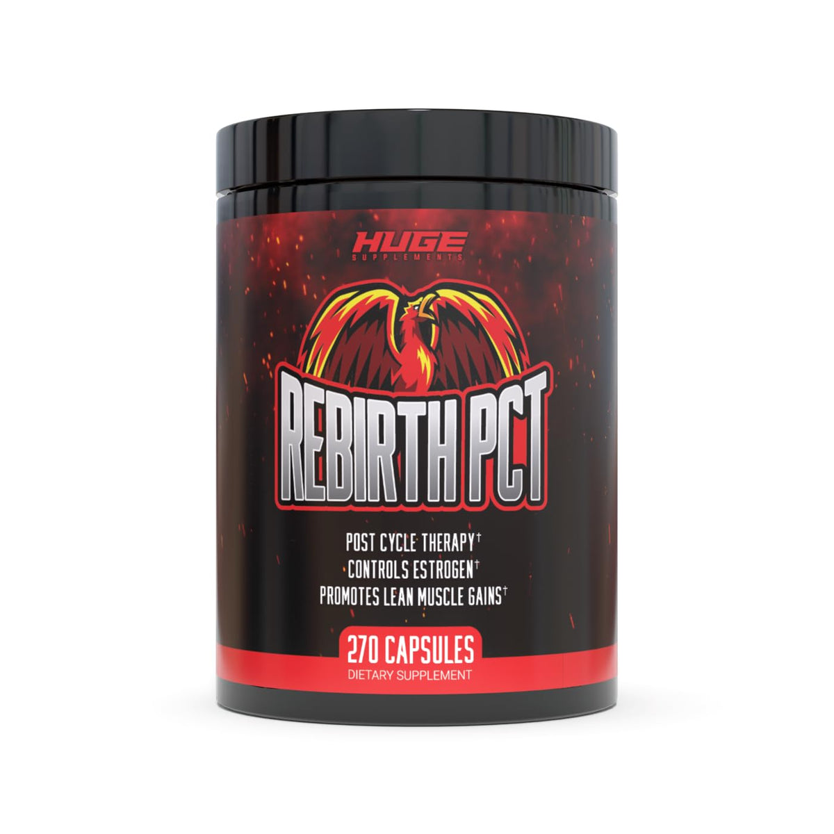 Huge Supplements Rebirth PCT bottle closeup showcases complete post-cycle support options.