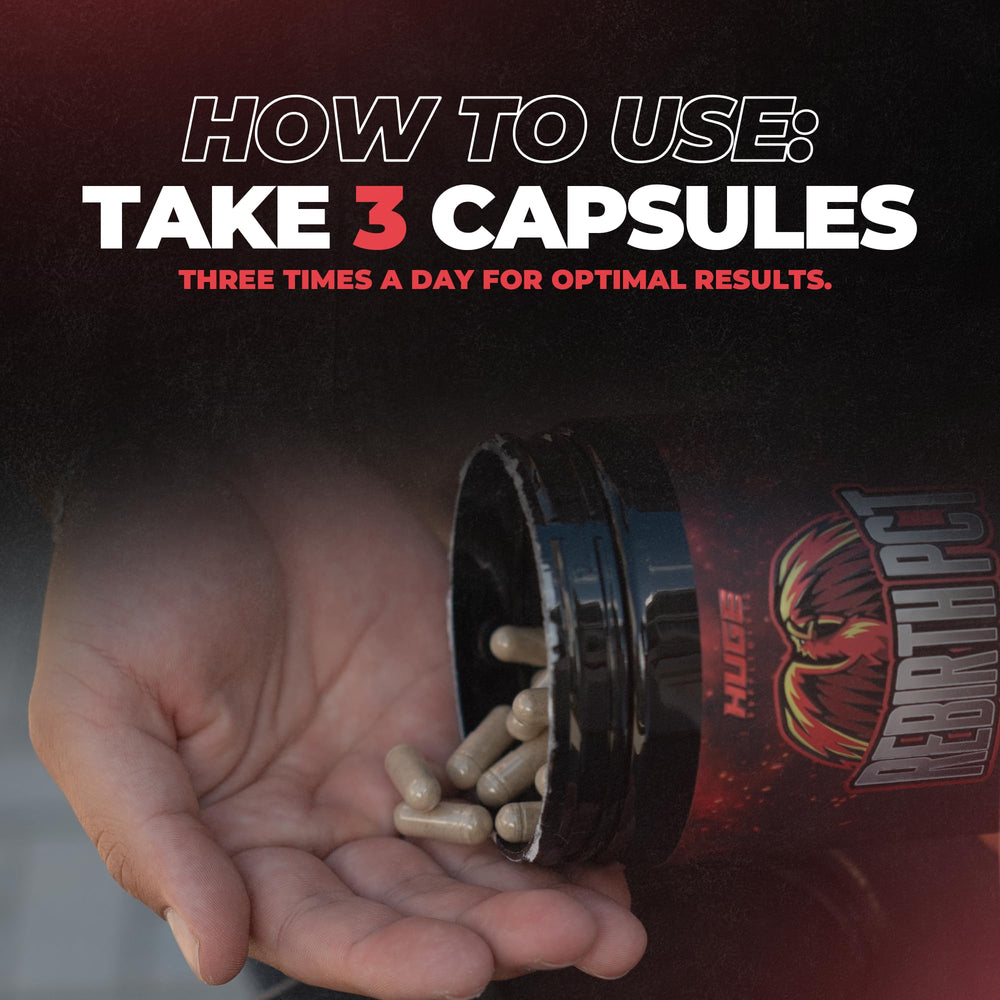 Huge Supplements Rebirth PCT improved formula bottle with label indicates updated formulation benefits.